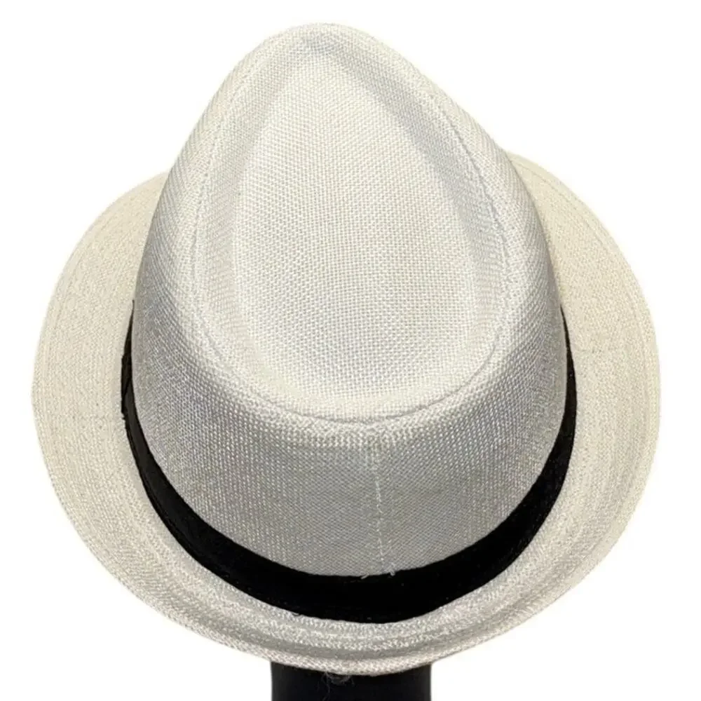 White Trilby Fedora Hat 22" Panama Style 1920s Inspired Black Band Polyester - Picture 3 of 7